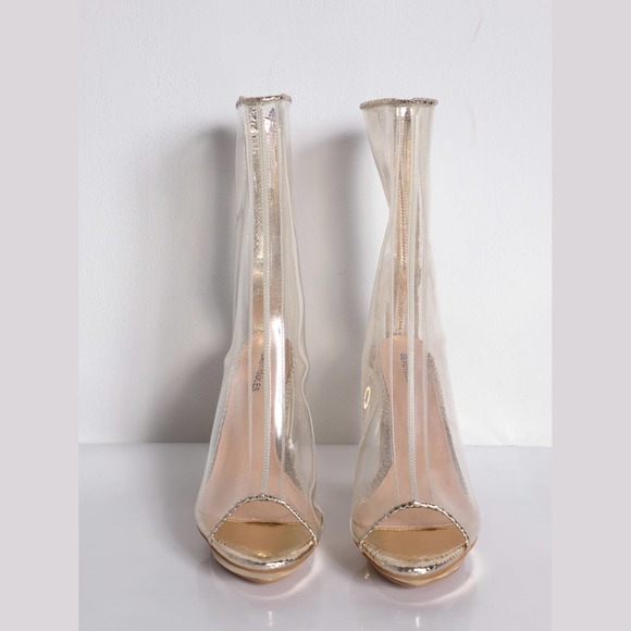 BEAUTIISOLES Transparent with Gold Lining Open Toe Ankle Heel Boots - Picture 3 of 5